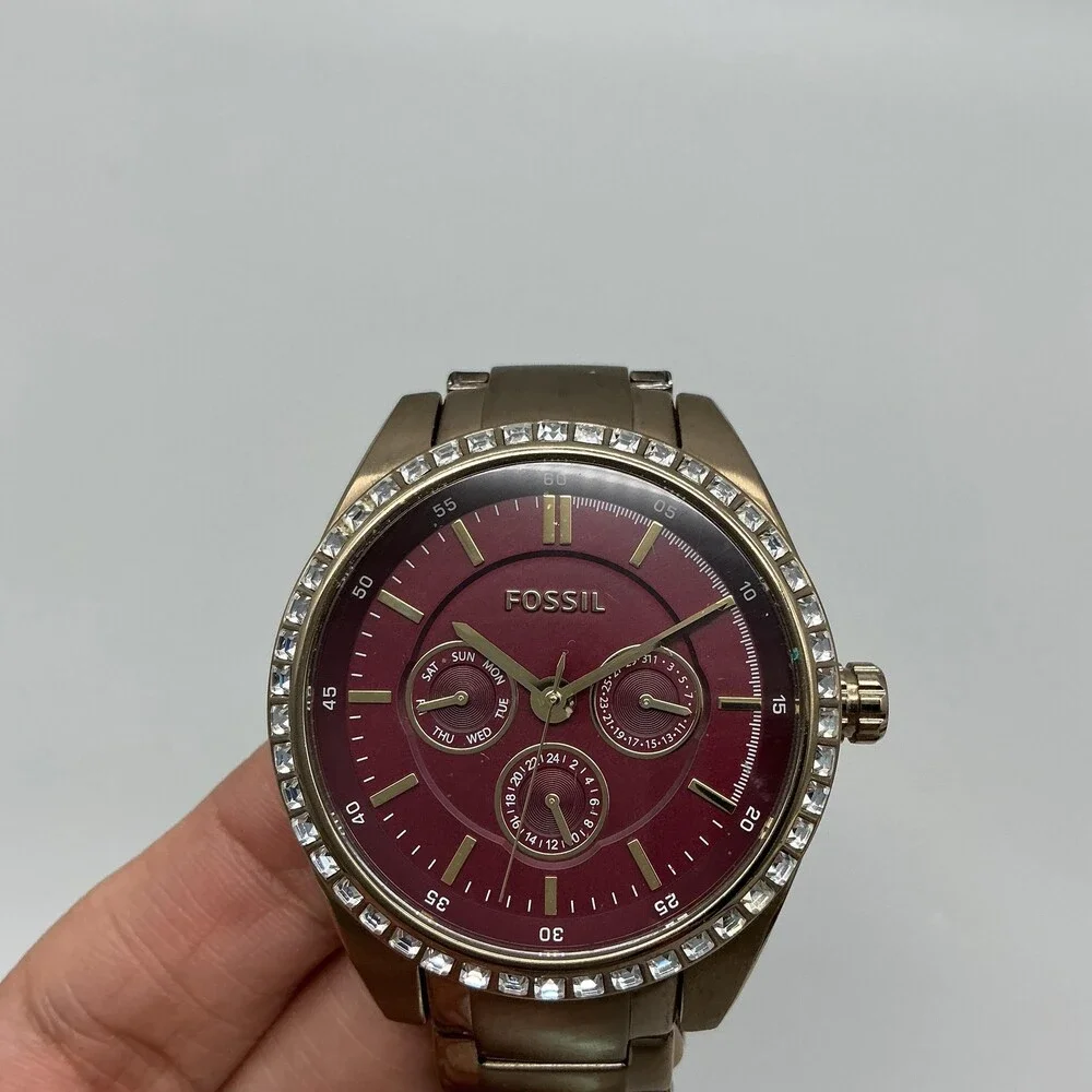 Fossil Riley BQ3040 Womens Watch 40mm Red Dial Gold Tone New Battery 6.5